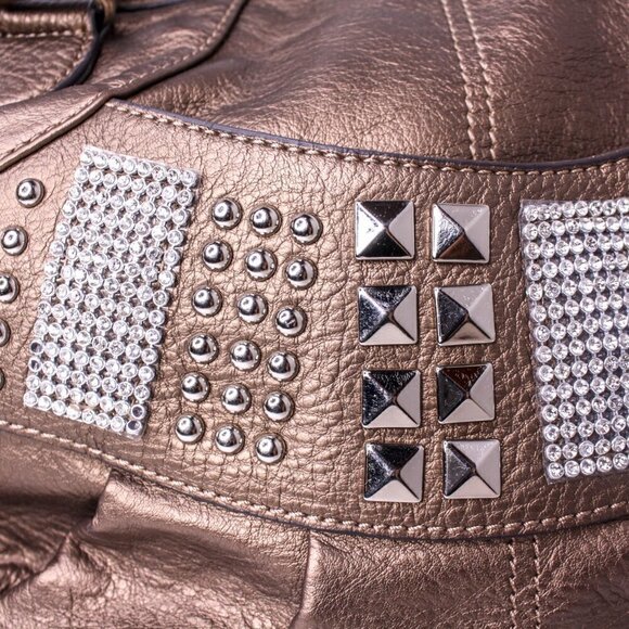 Kathy Van Zeeland Purse Top Handle Bag Vinyl Studded Rhinestones Brown - Picture 2 of 7